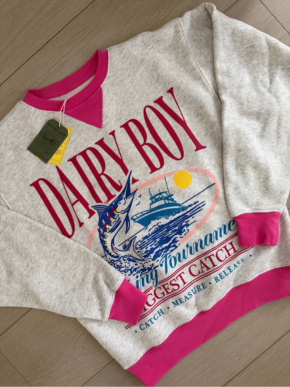Dairy Boy Vintage Graphic Crewneck Sweatshirt - Light Gray & Hot Pink